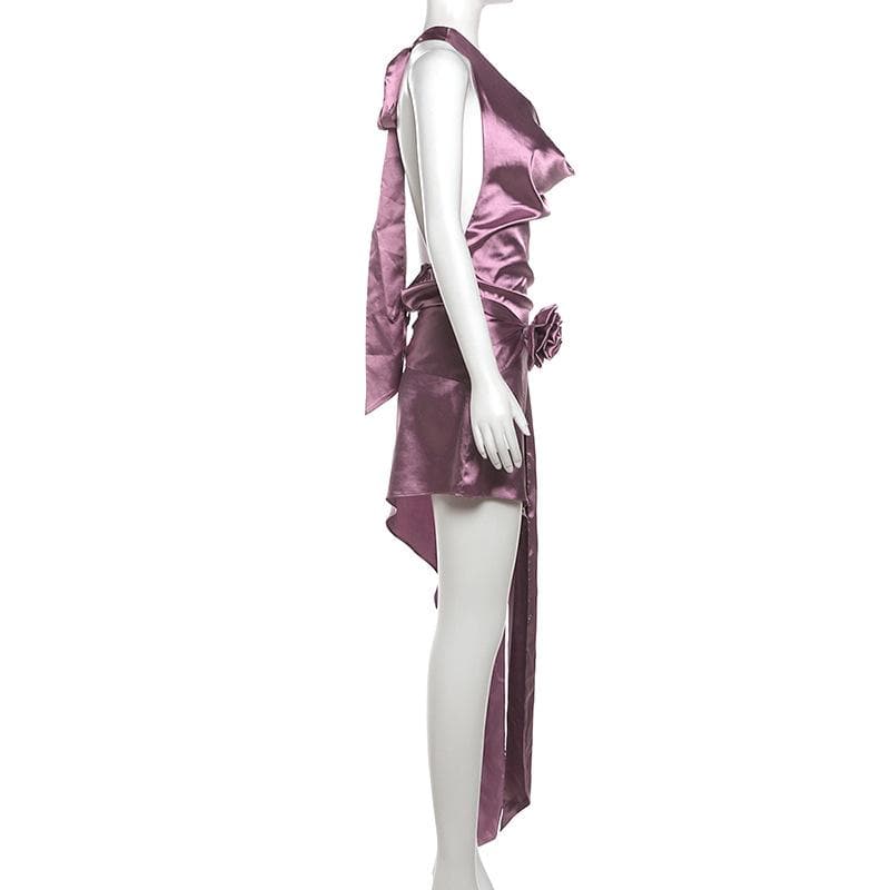 Cowl neck halter flower applique knotted mini dress