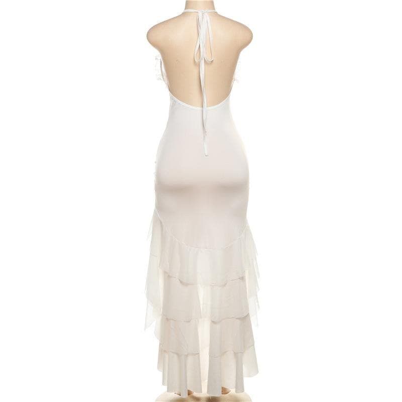 Halter ruffle ruched mesh flower applique maxi dress