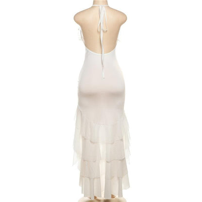 Halter ruffle ruched mesh flower applique maxi dress