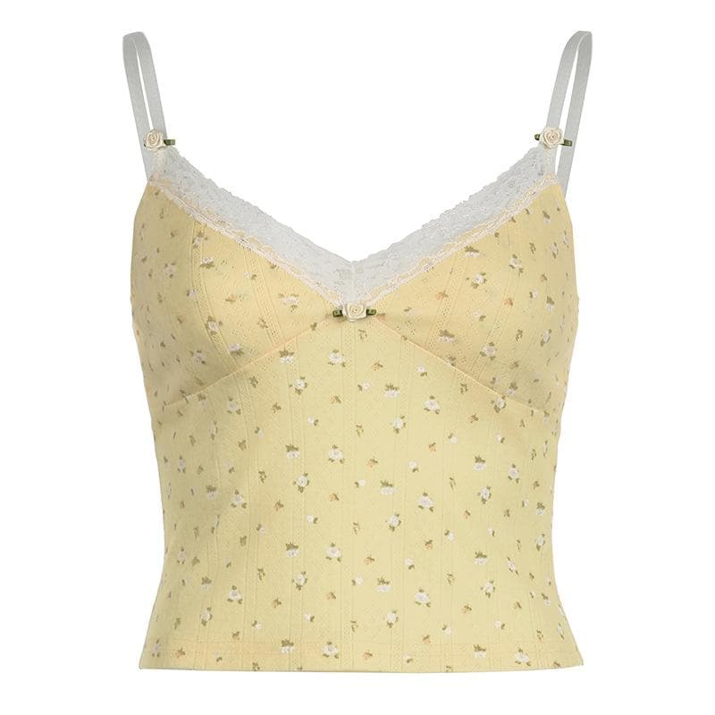 Flower applique v neck print lace hem textured cami top