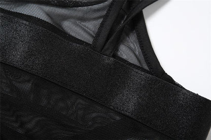 Stitch mesh patchwork cross back cami bodysuit