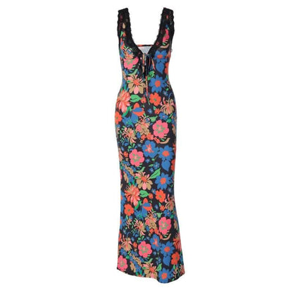 Lace hem sleeveless v neck flower print contrast maxi dress-final-sale