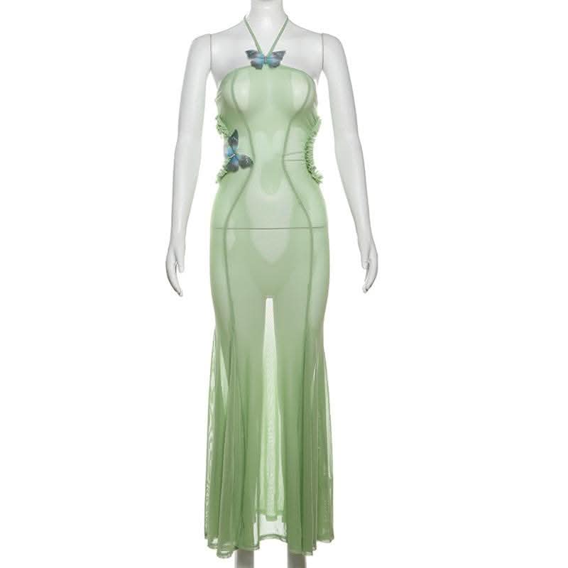 Halter sheer mesh butterfly applique backless maxi dress-final-sale