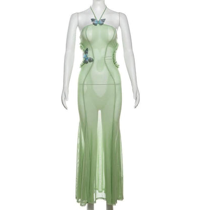 Halter sheer mesh butterfly applique backless maxi dress-final-sale