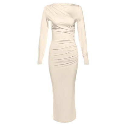 Ruched solid long sleeve zip-up maxi dress-final-sale