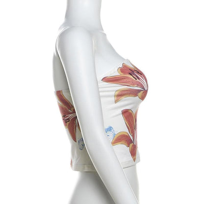 Flower butterfly print backless tube top