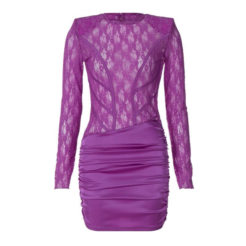 Lace see through satin ruched hollow out long sleeve cut out mini dress