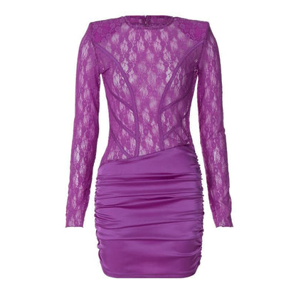 Lace see through satin ruched hollow out long sleeve cut out mini dress