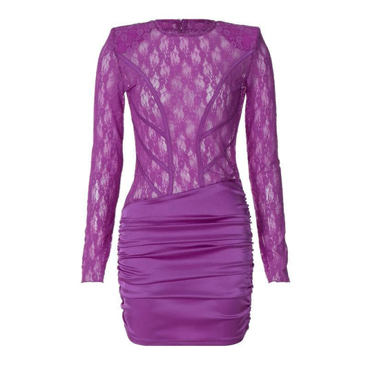 Lace see through satin ruched hollow out long sleeve cut out mini dress