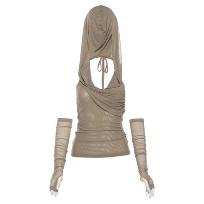 Hoodie gloves sheer mesh top