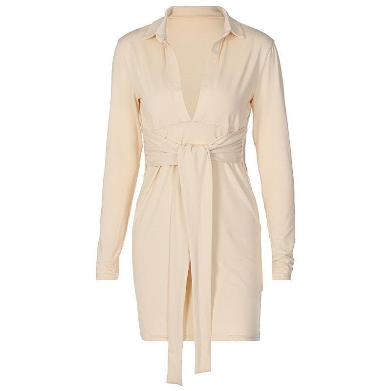 Deep V Neck Collar Tie Waist Long Sleeve Mini Dress