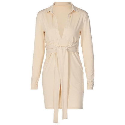 Deep V Neck Collar Tie Waist Long Sleeve Mini Dress
