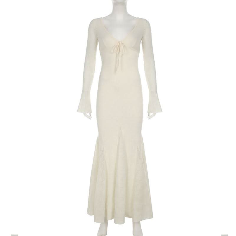 V neck long sleeve lace bowknot maxi dress