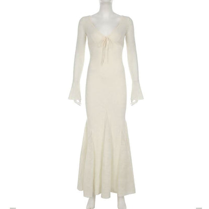 V neck long sleeve lace bowknot maxi dress