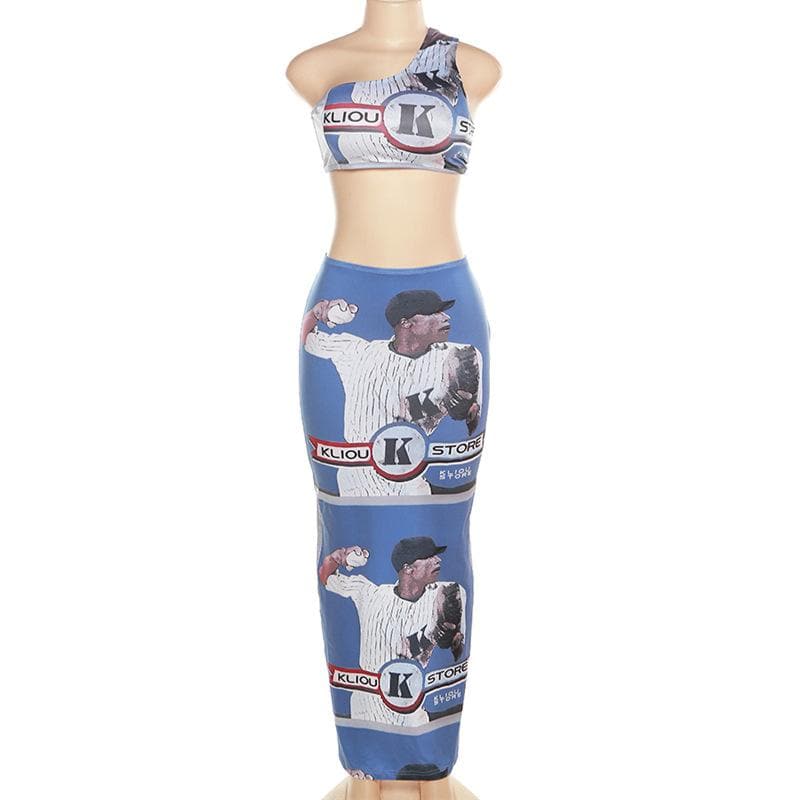 One shoulder irregular sleeveless contrast print slit maxi skirt set-final-sale