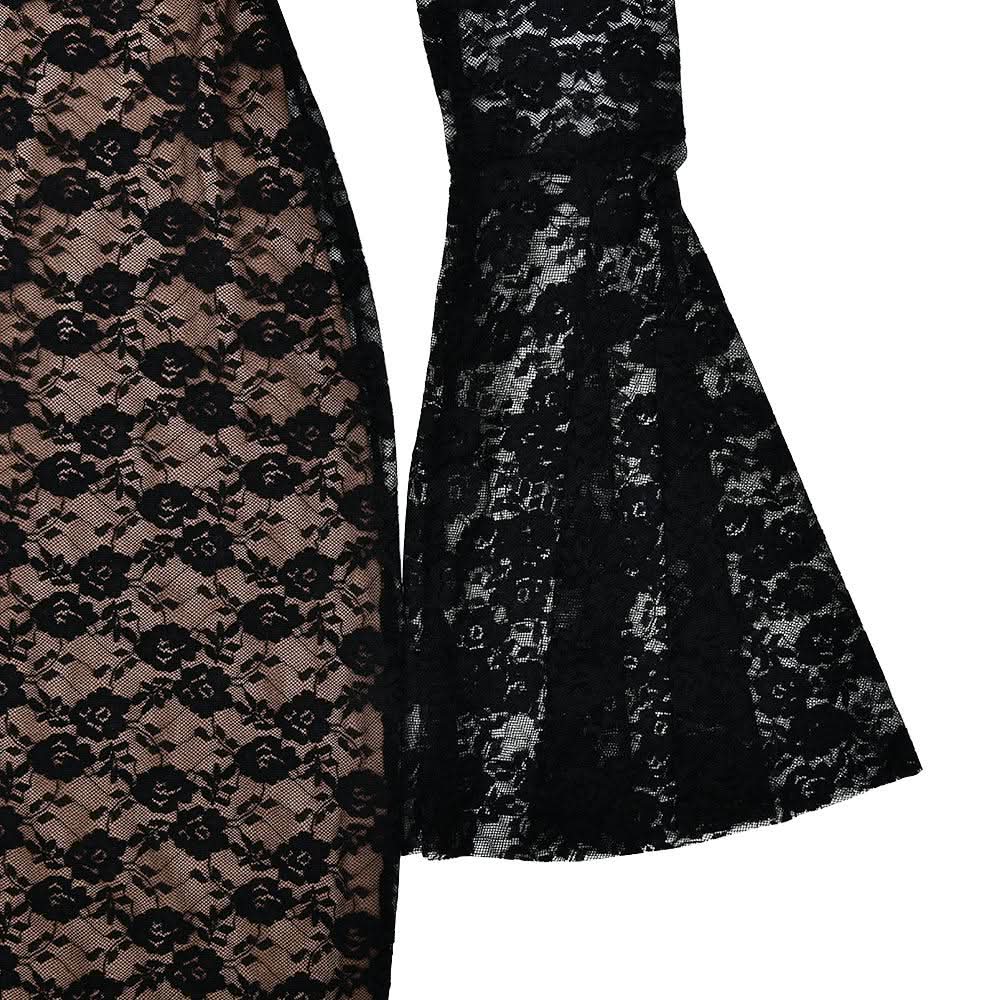 Long flared sleeve lace v neck patchwork maxi dress