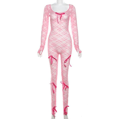 Long sleeve bowknot u neck lace see through jumpsuit-final-sale