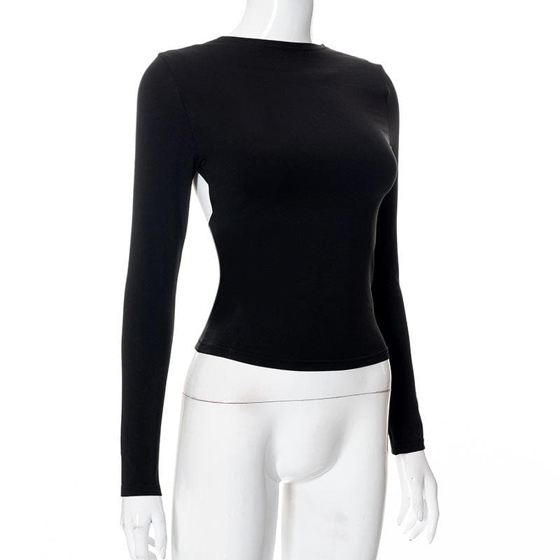 Hollow out solid long sleeve backless cut out top