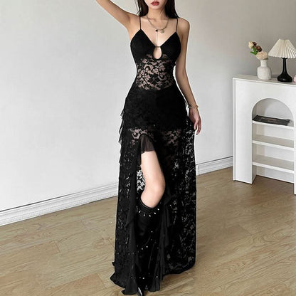 Hollow out v neck lace slit spaghetti strap cut out maxi dress