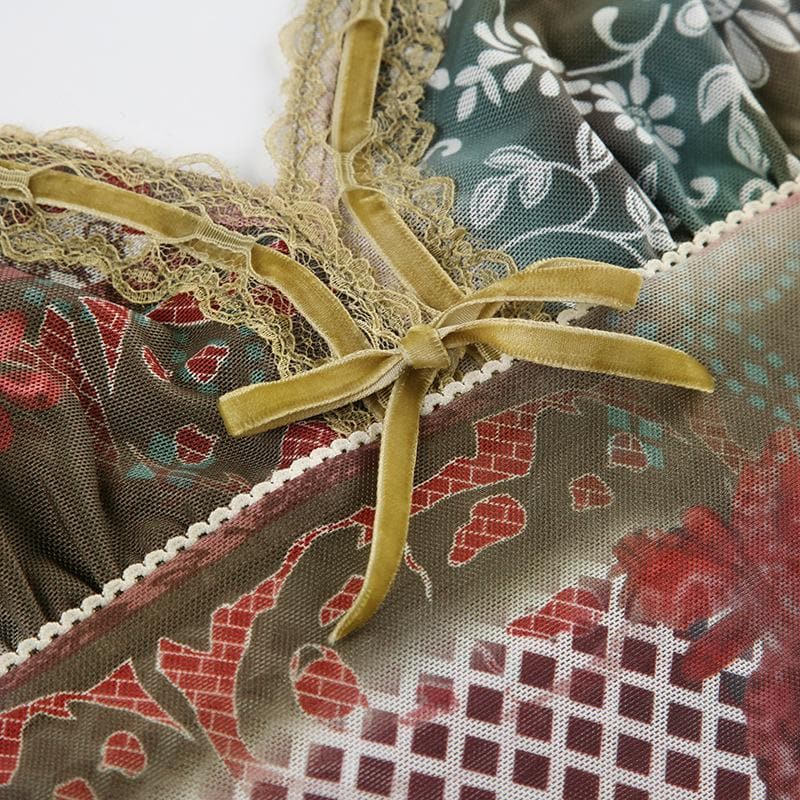 Bowknot v neck print mesh lace cami top