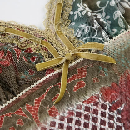 Bowknot v neck print mesh lace cami top