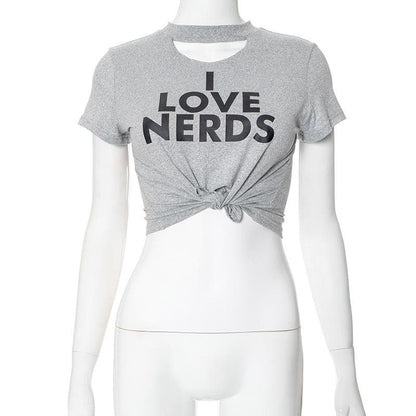 Short sleeve letter print crewneck hollow out crop cut out top