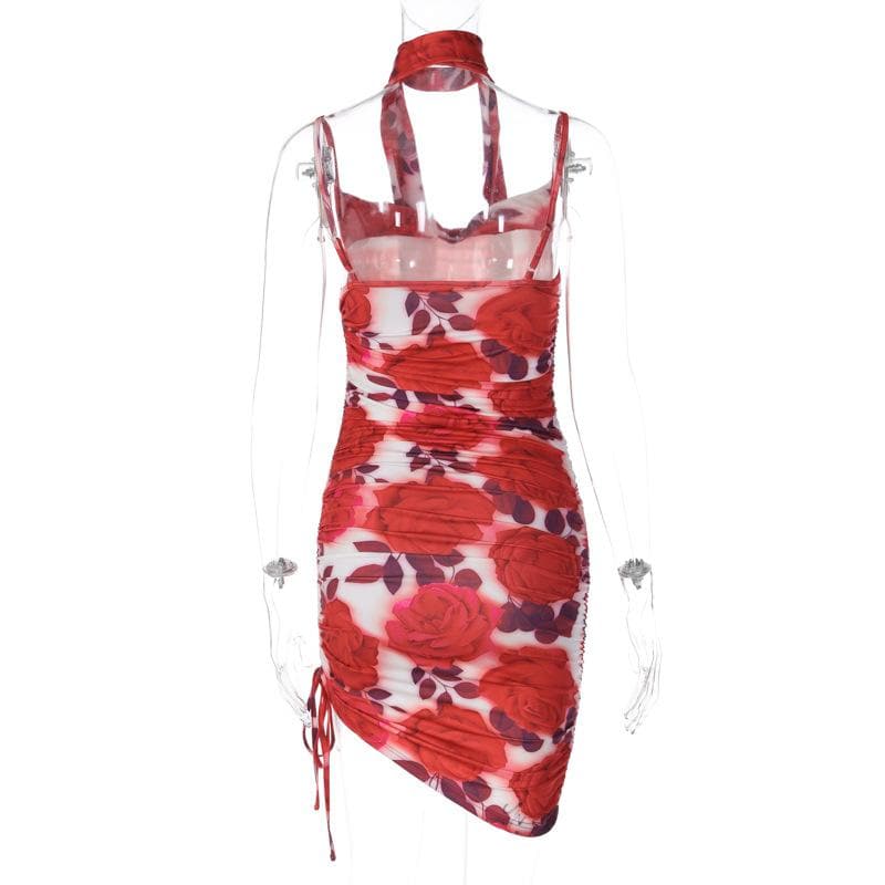 Floral Print Ruched Drawstring Side Spaghetti Strap Midi Dress