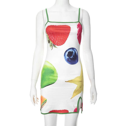 Square neck fruit print slit cami mini dress