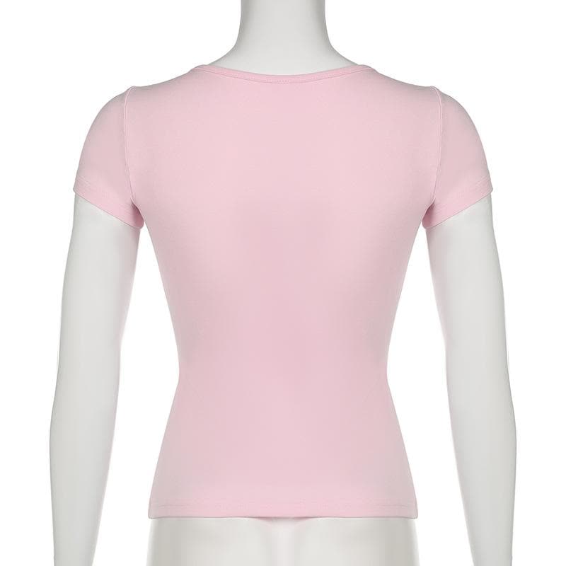 Short sleeve u neck bowknot lace hem top