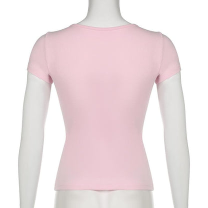 Short sleeve u neck bowknot lace hem top
