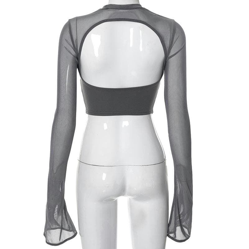 Lace up flared sleeve crewneck corset hollow out backless cut out top