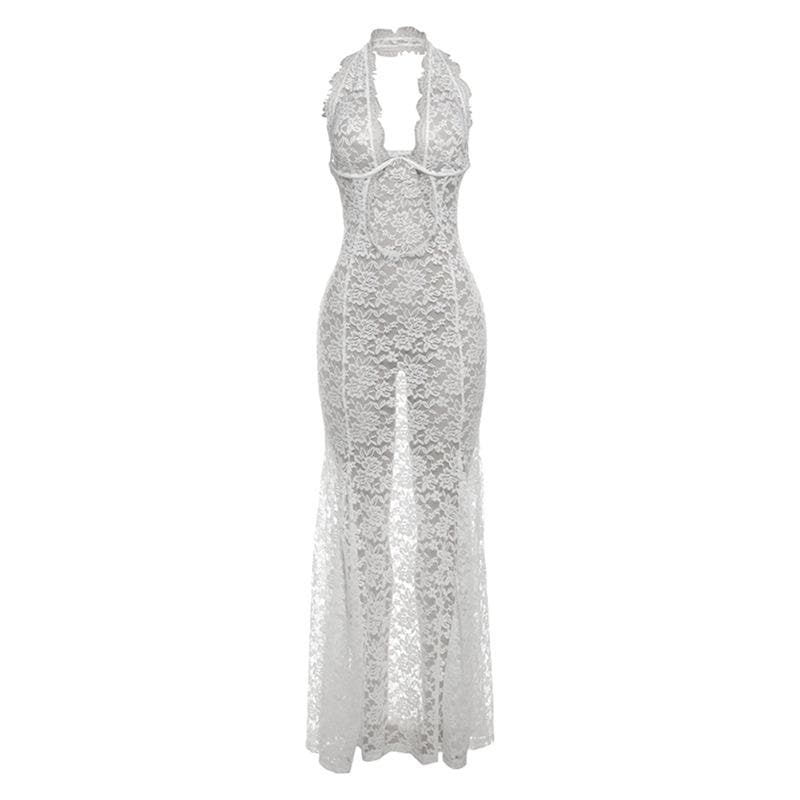 Halter lace see through hollow out cut out maxi dress