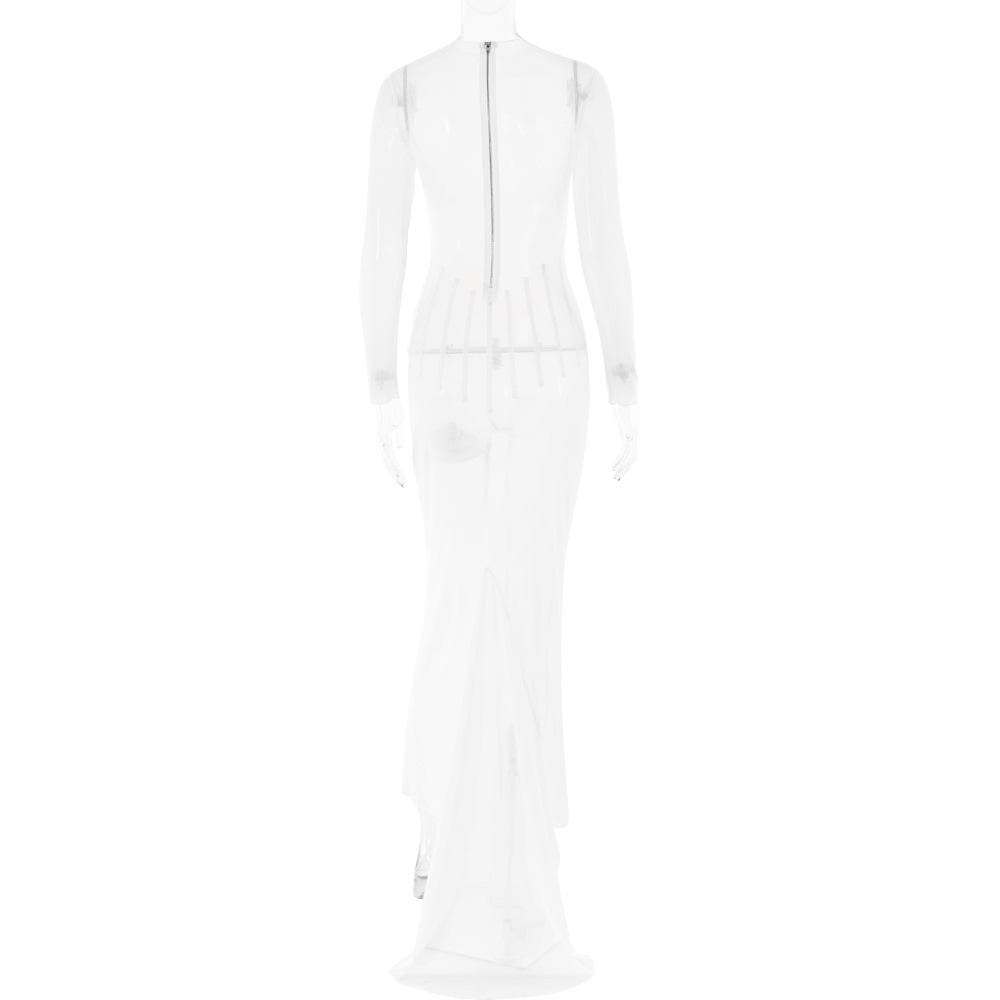 Long sleeve sheer mesh zip-up stitch maxi dress