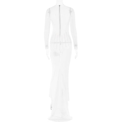 Long sleeve sheer mesh zip-up stitch maxi dress