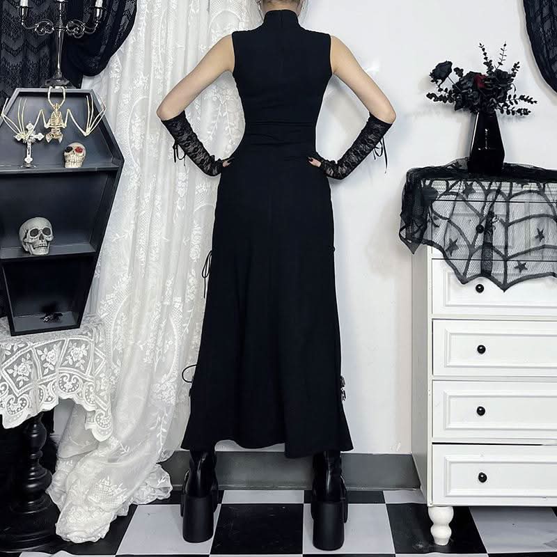 Zip-up high slit lace up see through high neck midi dress