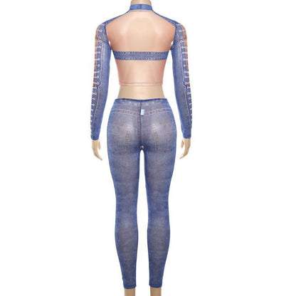 Long sleeve mesh denim print crop pant set