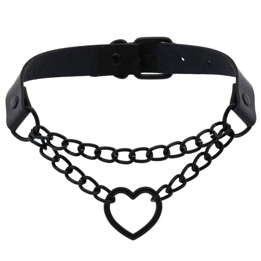 PU leather rivet o ring metal chain necklace
