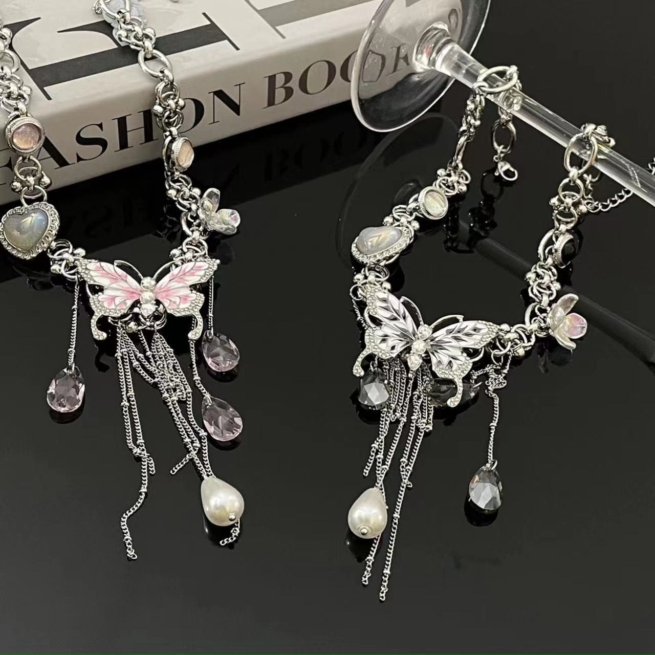Butterfly flower pendant metal chain choker necklace