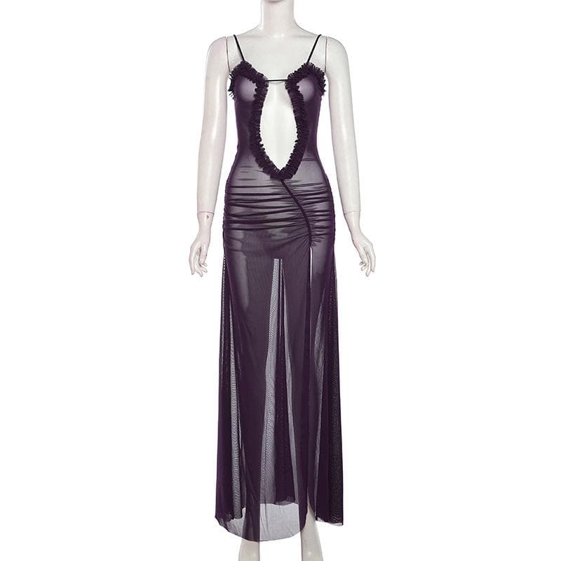 Sheer mesh hollow out ruched high slit cami cut out maxi dress