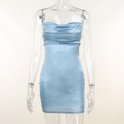 Sleeveless solid backless cowl neck beaded cami dress