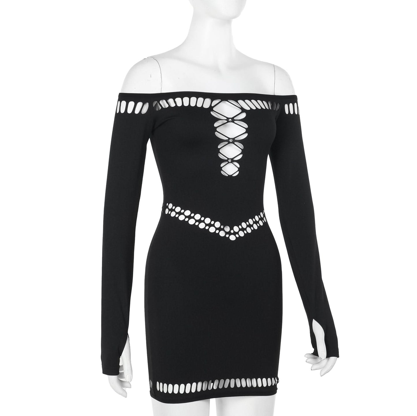 Off shoulder long sleeve gloves hollow out cut out mini dress