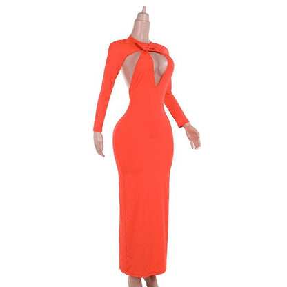 Long sleeve crewneck hollow out slit cut out maxi dress