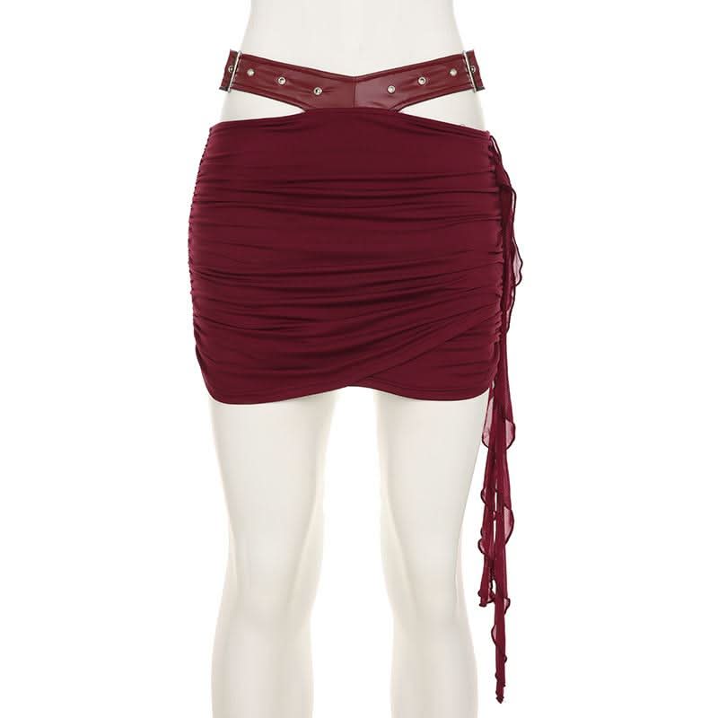 Ruched hollow out PU leather irregular cut out mini skirt