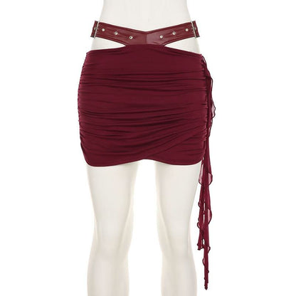 Ruched hollow out PU leather irregular cut out mini skirt
