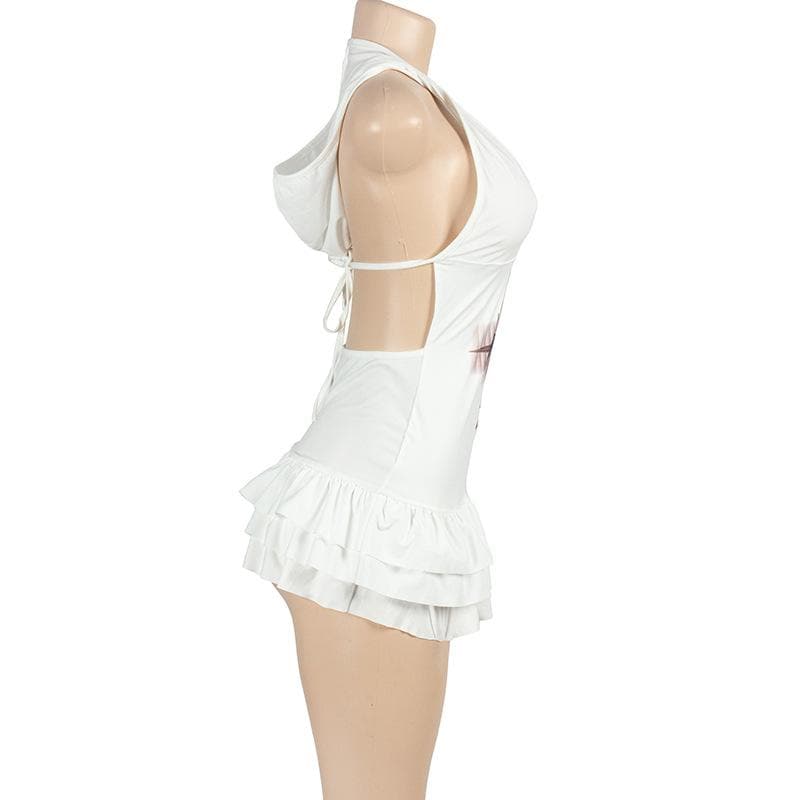 V neck hoodie ruched cross print mini dress