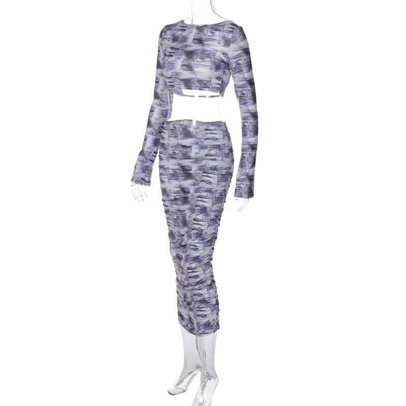 Contrast print long sleeve backless hollow out ruched cut out midi skirt set-final-sale