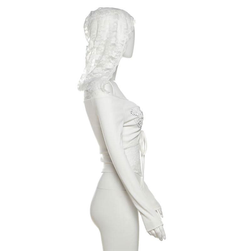 Hoodie off shoulder long sleeve lace beaded drawstring top