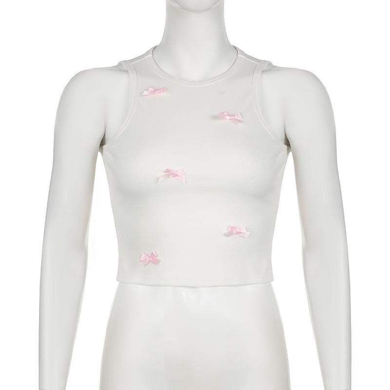 Crewneck bowknot ribbed sleeveless tank top