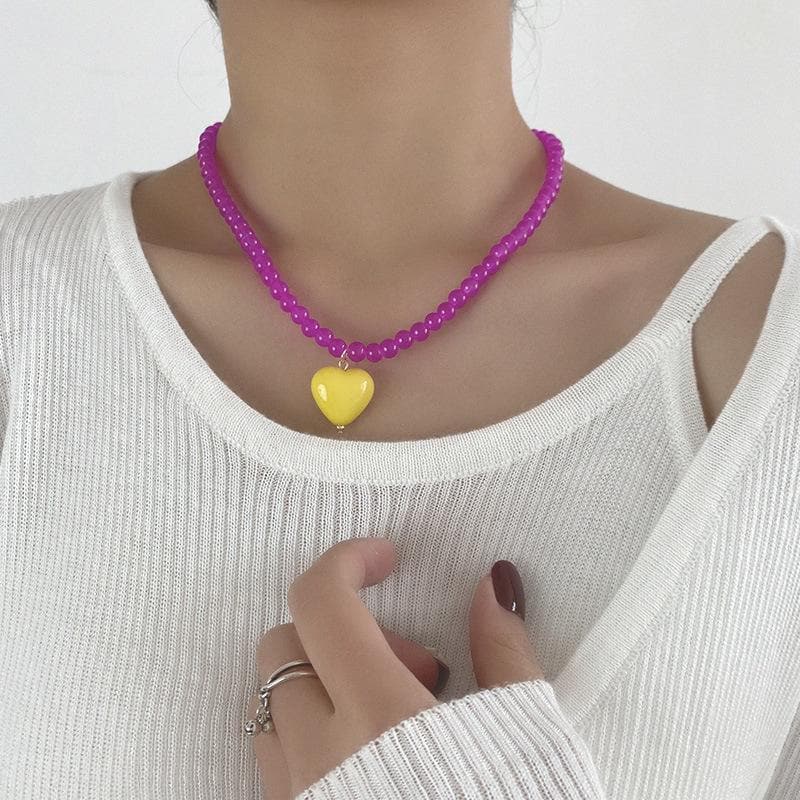 Heart pendant beaded multicolor necklace