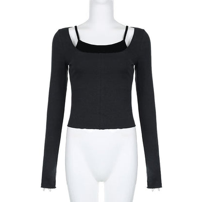 Contrast patchwork long sleeve round neck top